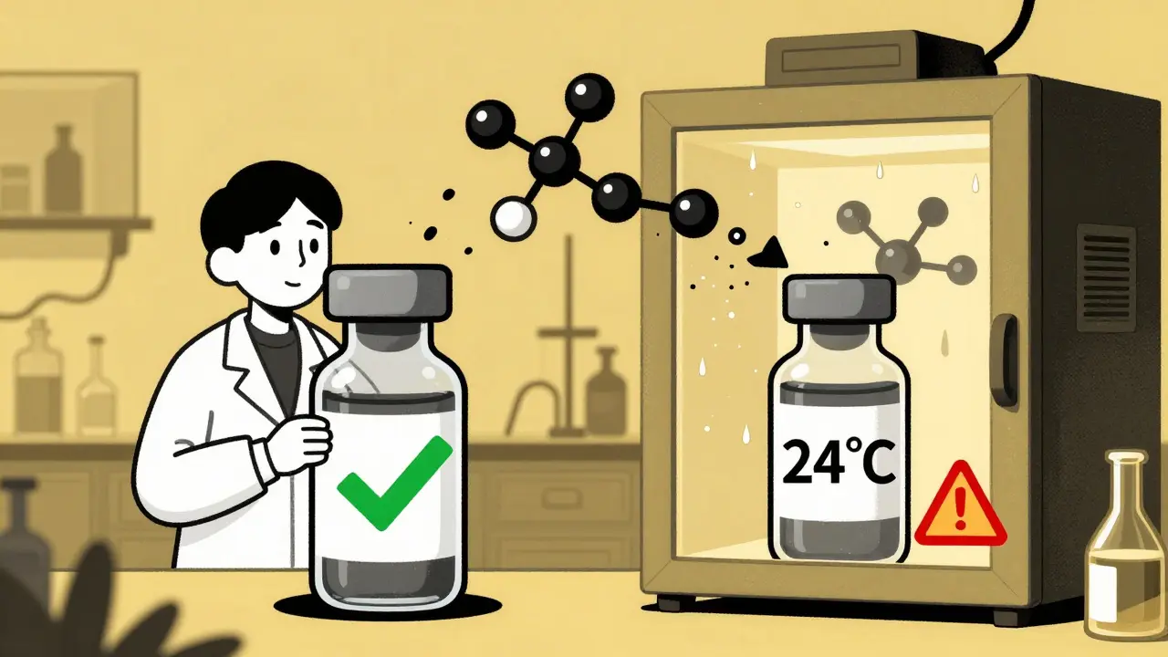 Scientists comparing two drug vials under controlled vs. harsh storage conditions, with molecular breakdown visualized.