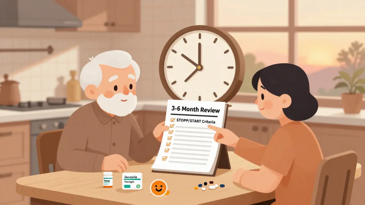 Senior and caregiver reviewing diabetes meds with pharmacist, safe pills and clock indicating regular reviews.