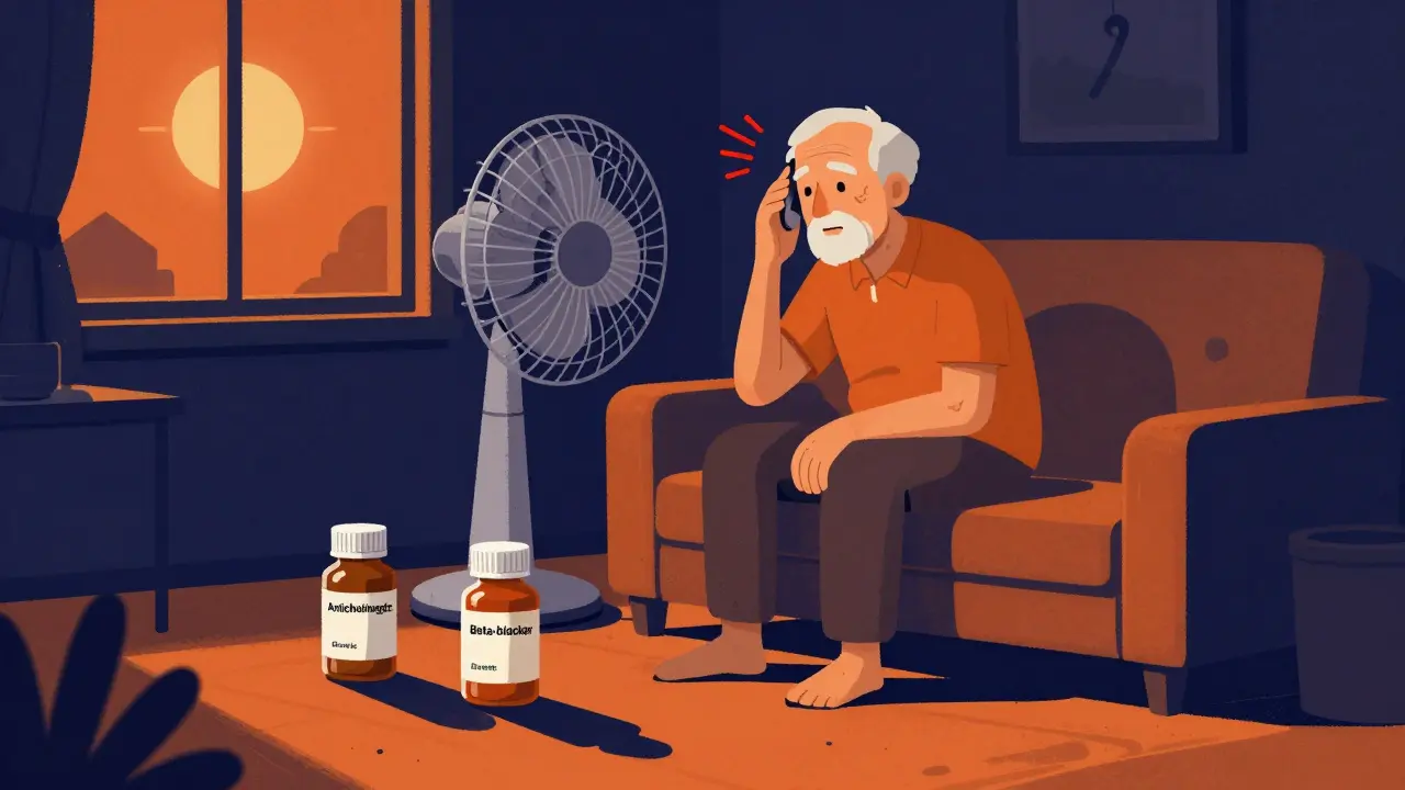 Senior in living room with multiple medication bottles casting shadows under a useless fan.