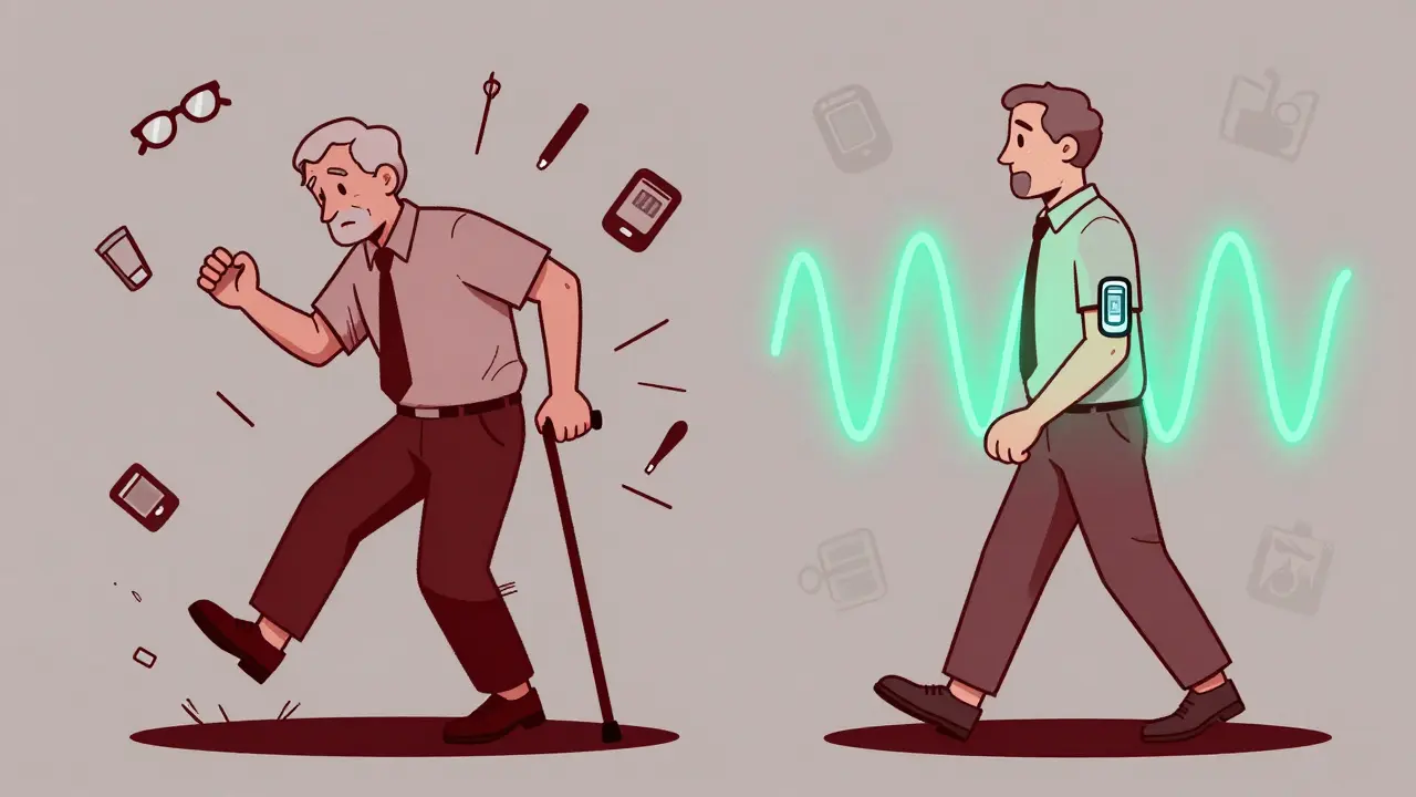 Senior stumbling from low blood sugar vs. walking safely with continuous glucose monitor, duotone visual contrast.