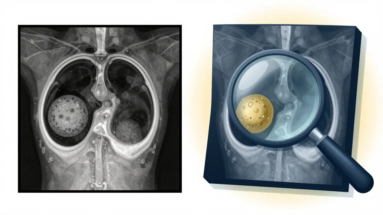 Side-by-side comparison of 2D and 3D mammogram images, showing tumor visibility difference.