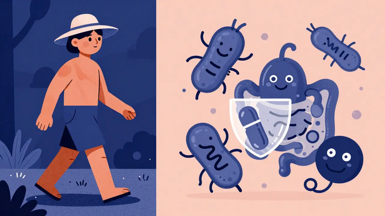 Split illustration of sunburned person and gut bacteria protected by probiotics.
