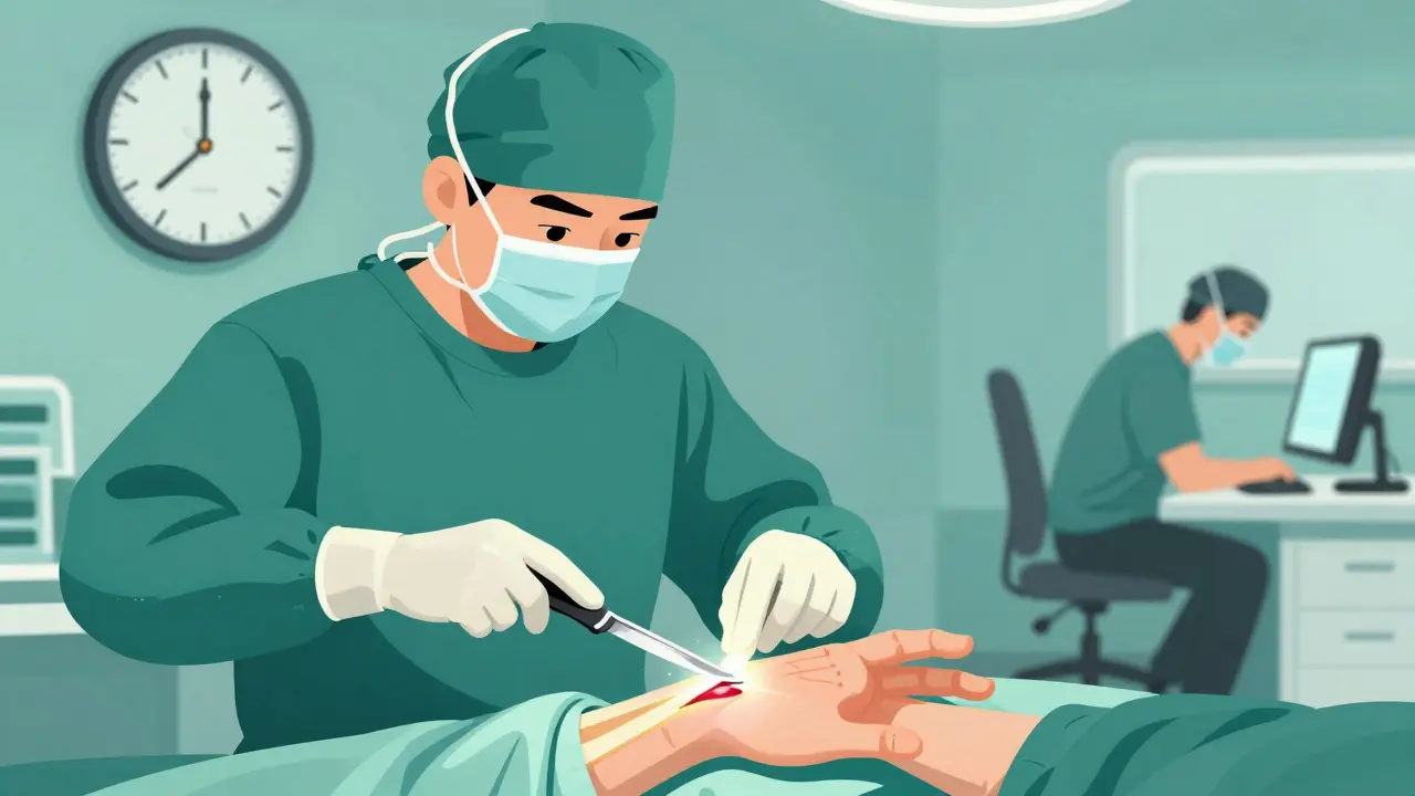 Surgeon releasing the carpal tunnel ligament while the nerve glows restored, patient’s hand in recovery.