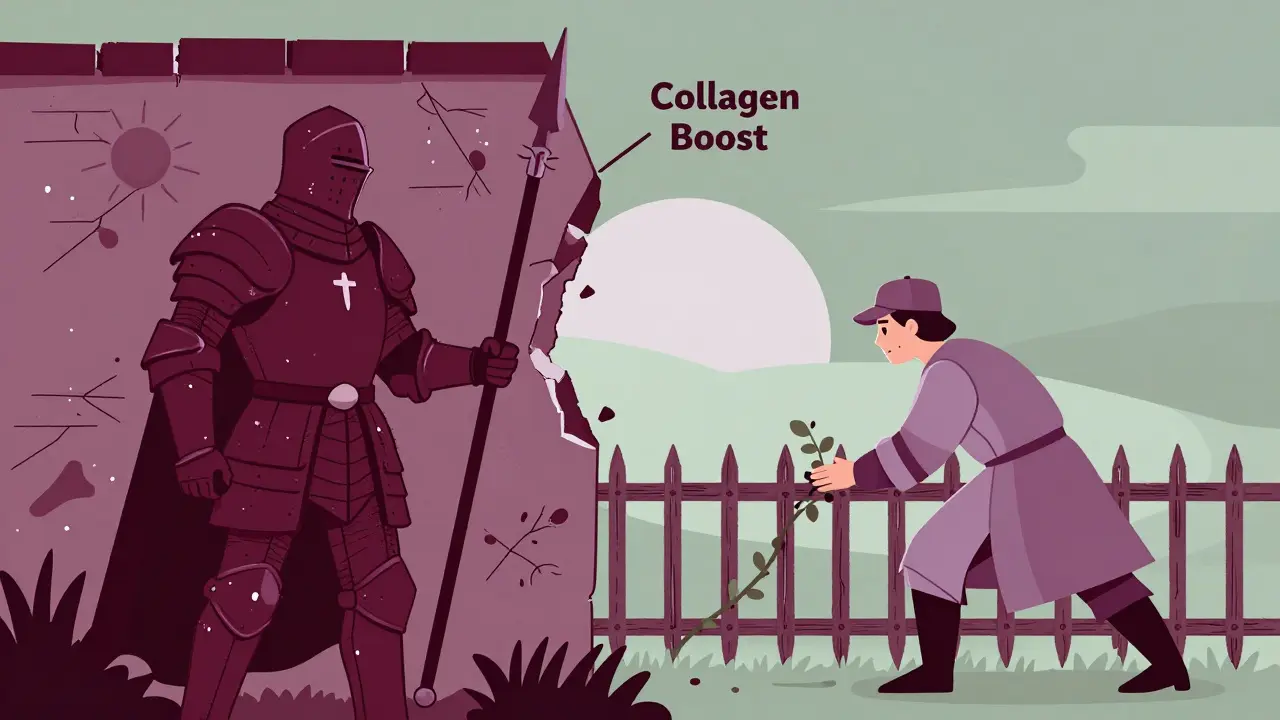 Symbolic battle between tretinoin knight and adapalene scout representing different skin repair approaches.