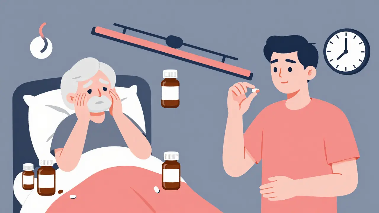 Two patients side by side: one overwhelmed by multiple pills, another calm with one pill and faster relief in duotone style.