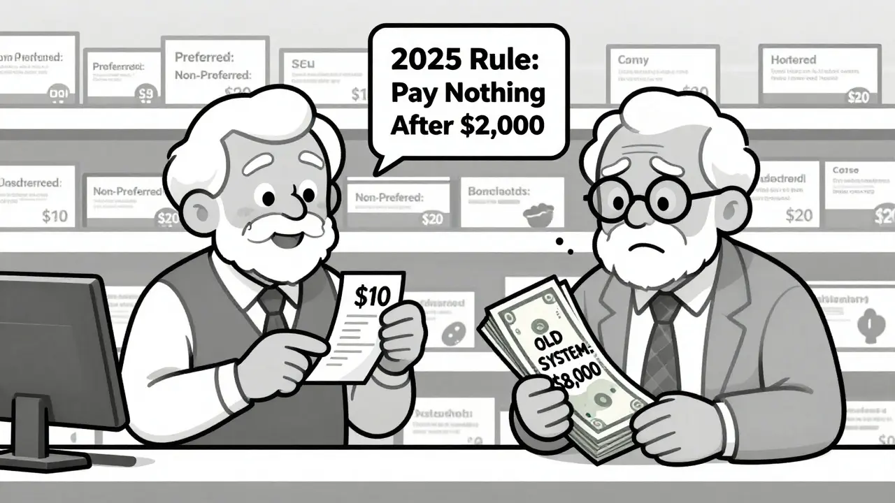 Two seniors at pharmacy: one pays  for generics, other holds ,000 in cash from old system.