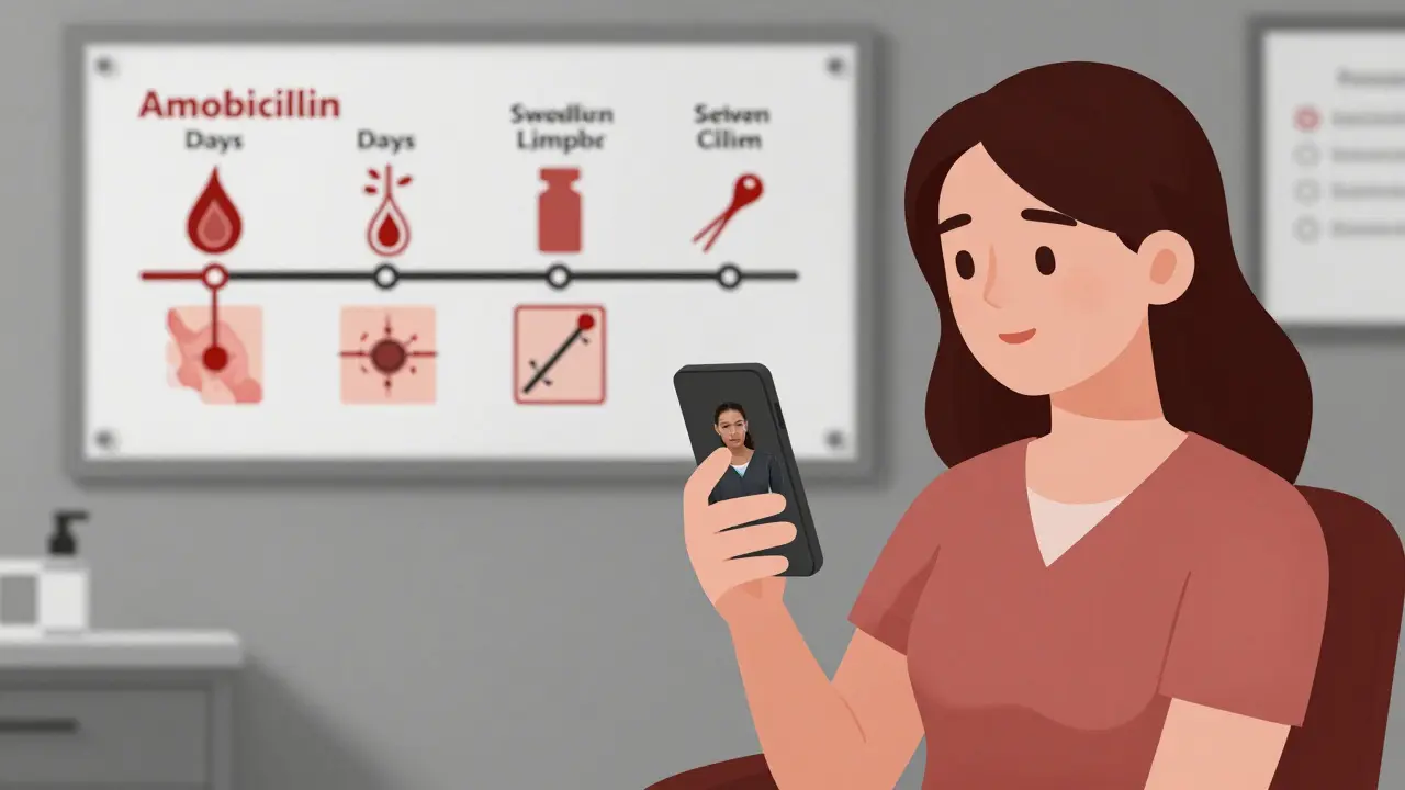 Woman showing rash photo to allergist, timeline graphic shows delayed drug reaction symptoms.