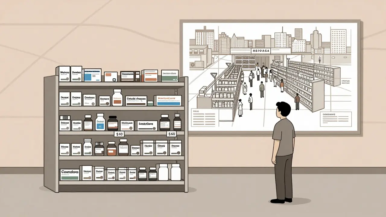 A lonely rural pharmacy with a high-priced drug label beside a bustling city pharmacy showing lower prices for the same medication.