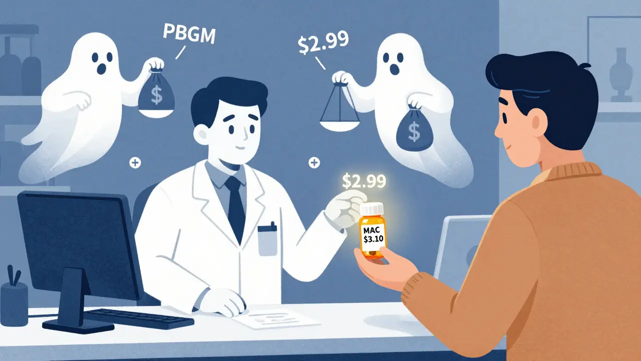 A pharmacist giving a pill bottle to a patient while shadowy figures hold money, with MAC and cash price tags visible.
