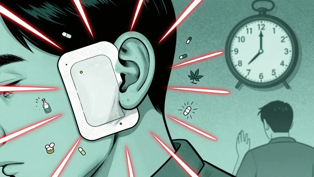 A scopolamine patch being removed, with warning lines and floating drug molecules radiating outward, symbolizing sedation risks.