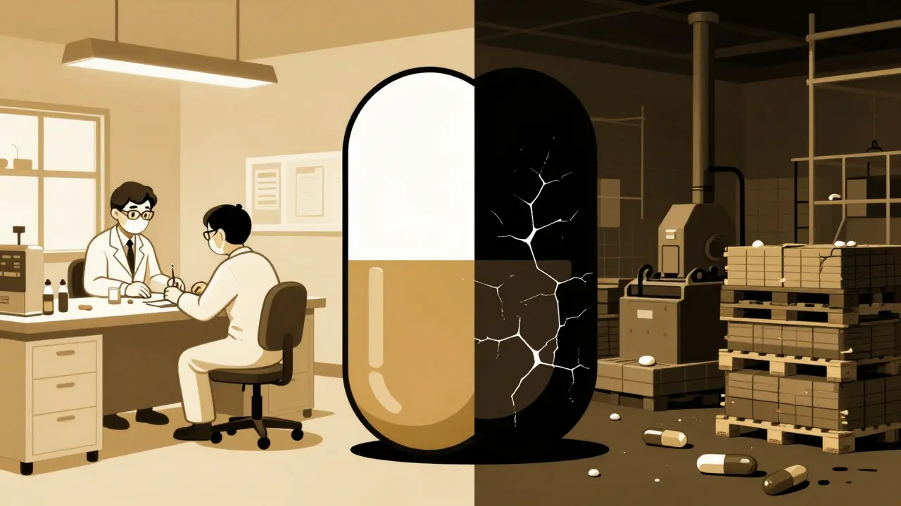A split-image pill showing clean FDA inspection on one side and chaotic factory conditions on the other, in duotone style.