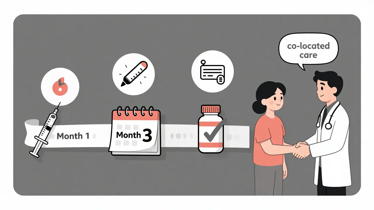A timeline shows key HCV prevention steps: needle exchange, testing, treatment, and provider support, with icons representing each step.