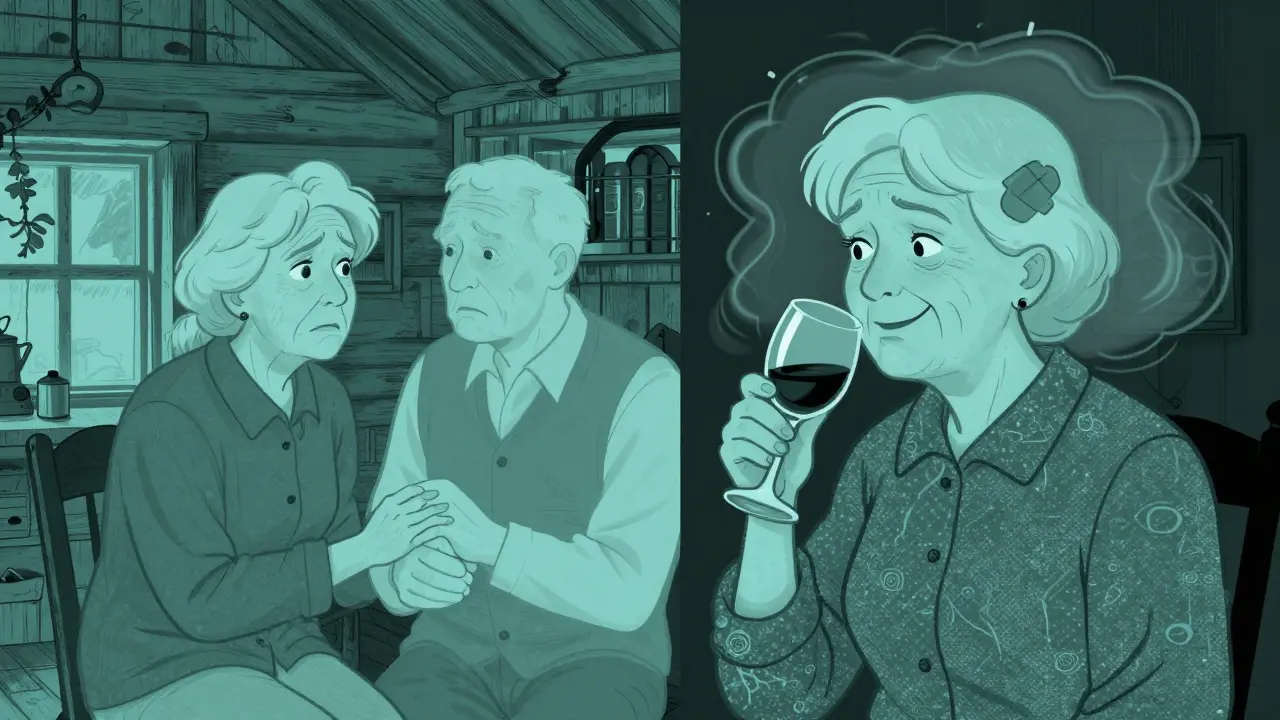 An elderly woman confused and disoriented in a cabin, with ghostly outlines of her spouse, after combining scopolamine with alcohol.