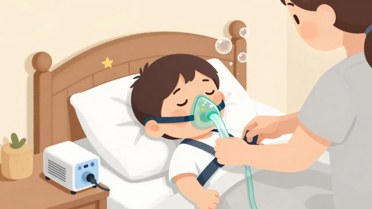 Child wearing CPAP mask with gentle air streams, parent adjusting it in cozy bedroom setting.