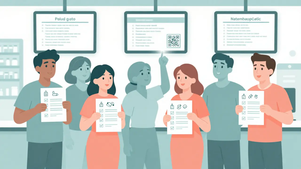 Diverse patients holding checklists with icons for medication questions at a pharmacy.