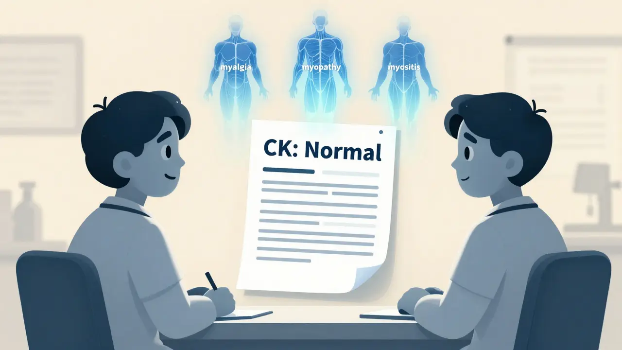 Doctor and patient reviewing blood test with glowing muscle condition icons above a medical report.