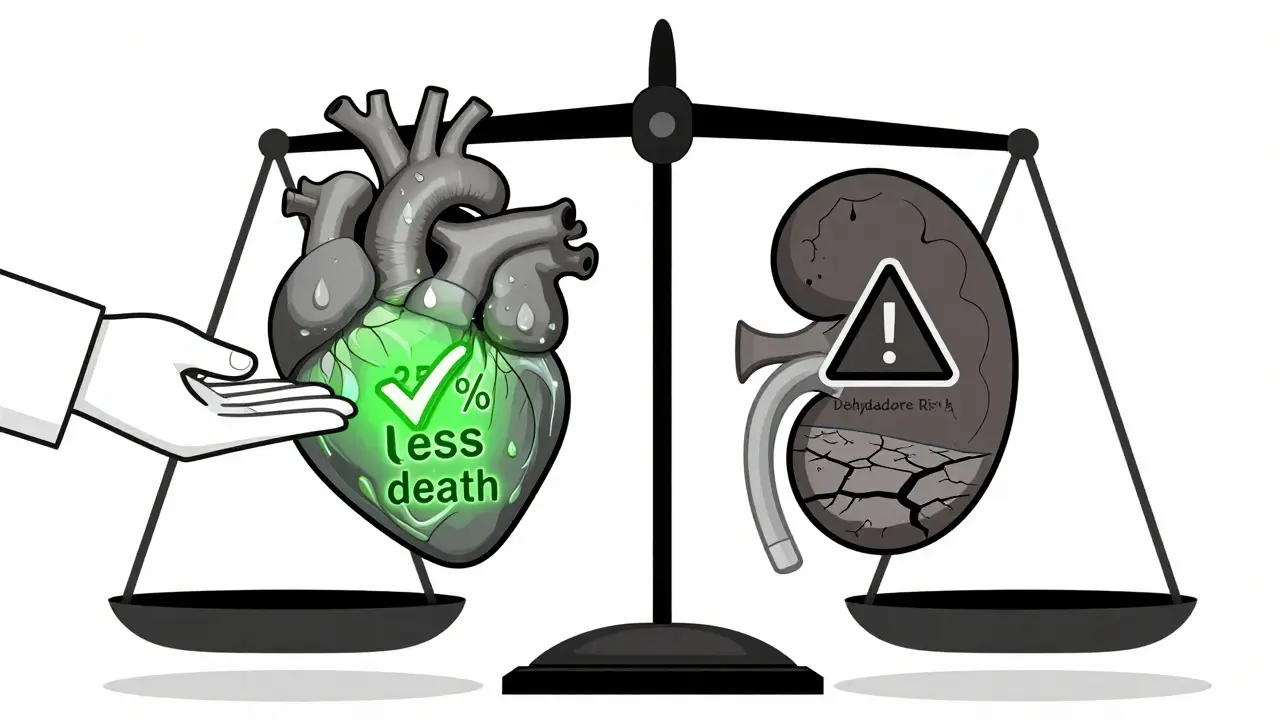 Heart and kidney on a scale: heart glowing with benefit, kidney dry with dehydration risk, water droplet restoring balance.