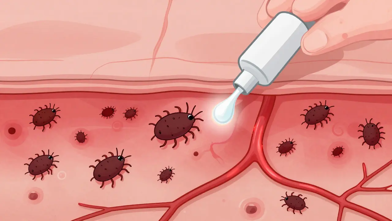 Magnified skin cross-section showing mites and inflamed pores being treated by a glowing cream droplet, with dilated blood vessels visible.