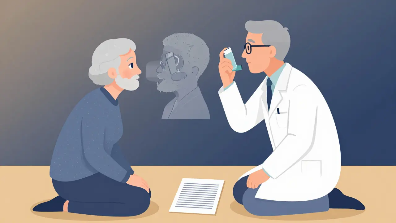 Pharmacist demonstrating inhaler use to an elderly patient with technique overlay.