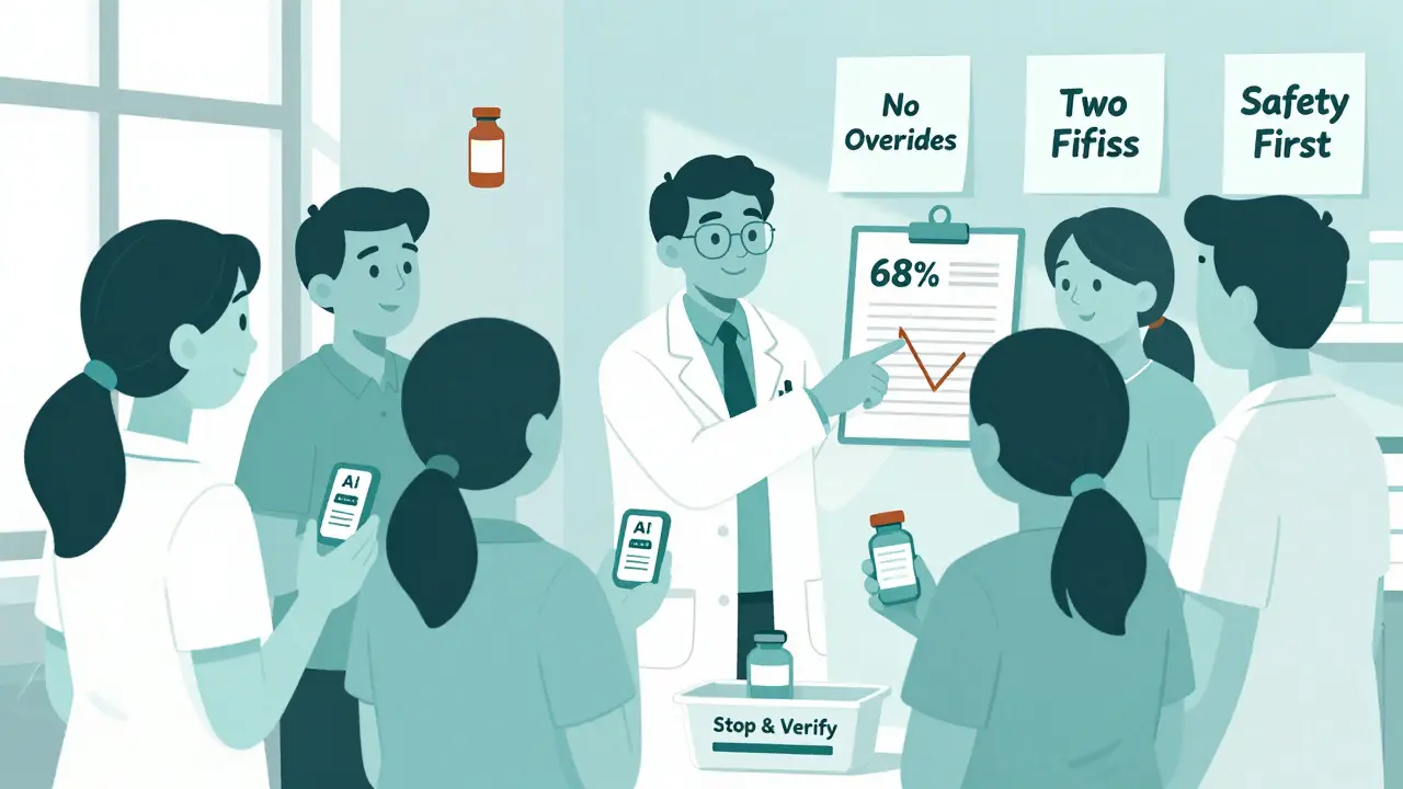 Pharmacy team in huddle with AI alerts and safety sticky notes under sunlight in duotone illustration.