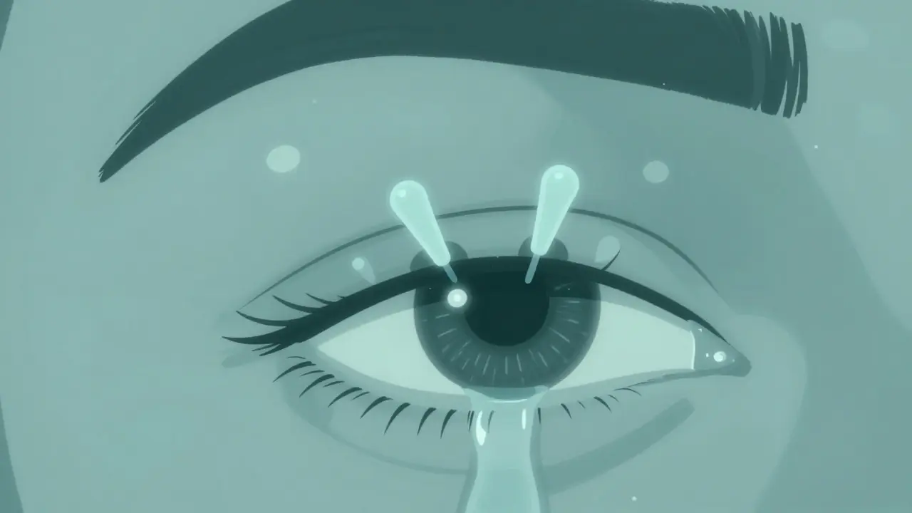 Punctal plugs inserted in eyelid to conserve tears, with dissolving collagen nearby.