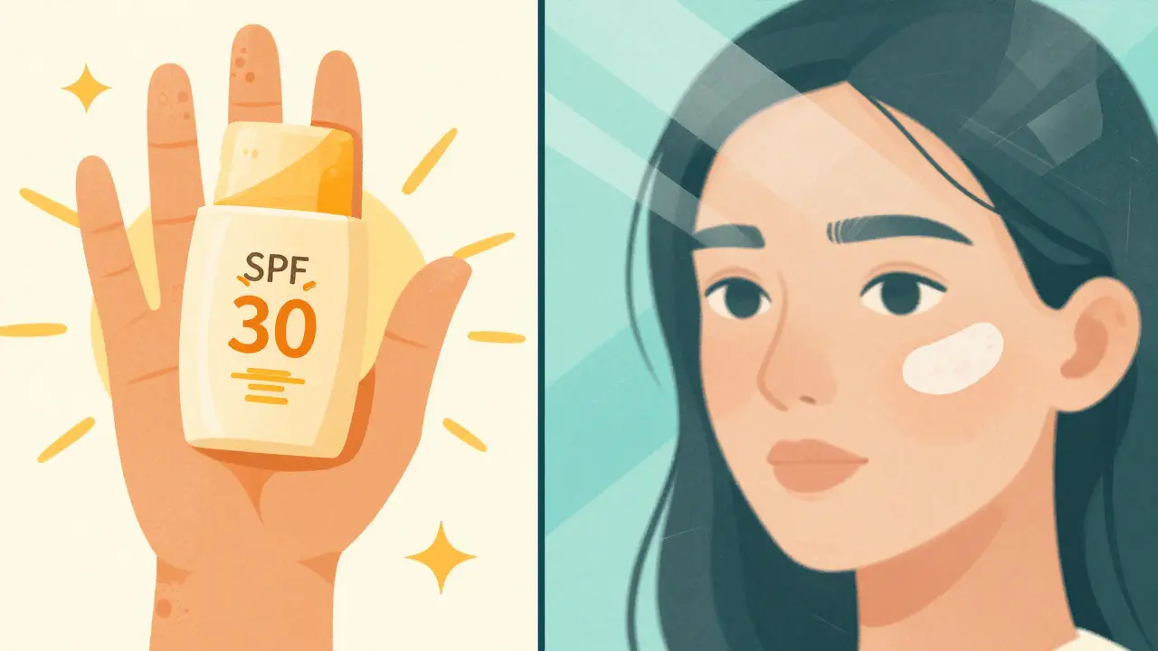 Side-by-side comparison of sun damage spots versus melasma patches with differing sun protection.