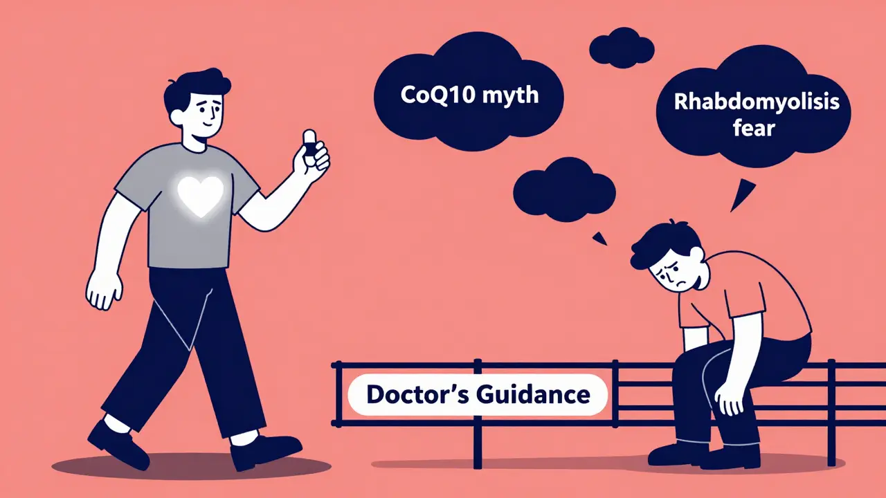 Split image: person walking confidently with heart icon vs. earlier pain, connected by doctor's guidance.