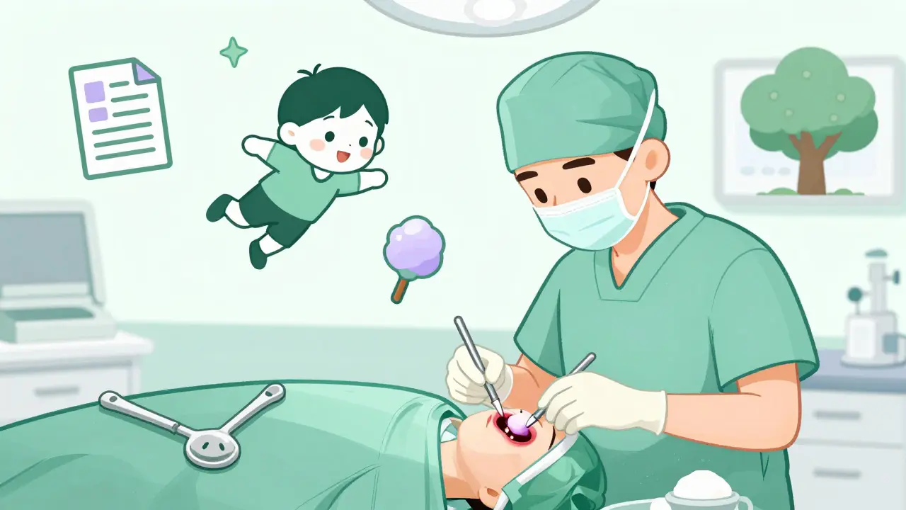 Surgeon removing tonsils like cotton candy in whimsical operating room, child's spirit floating peacefully.