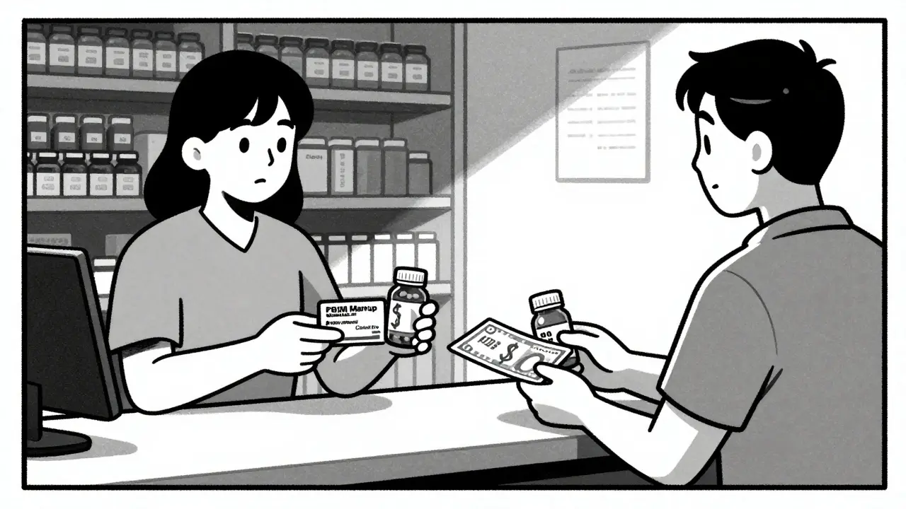 Two people at a pharmacy counter—one paying high insurance cost, the other paying low cash price—for the same pill bottle.