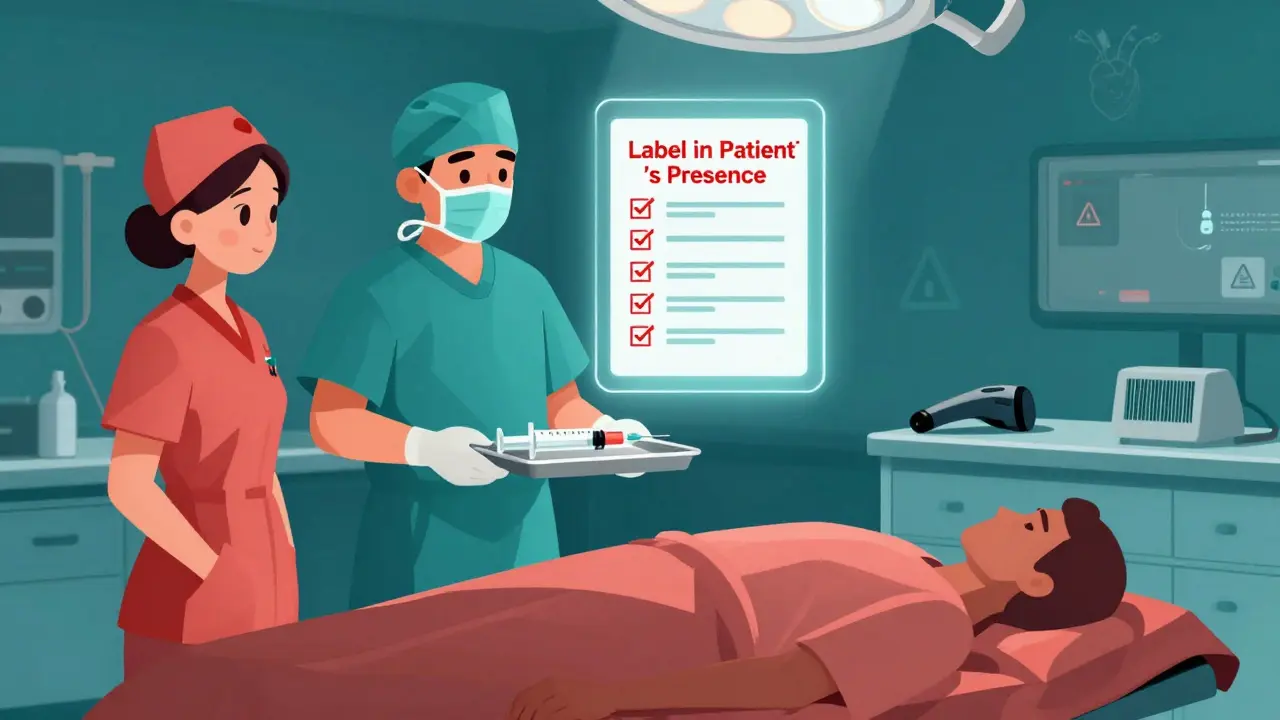 Unlabeled syringe in OR with floating safety checklist and unused barcode scanner in duotone style.