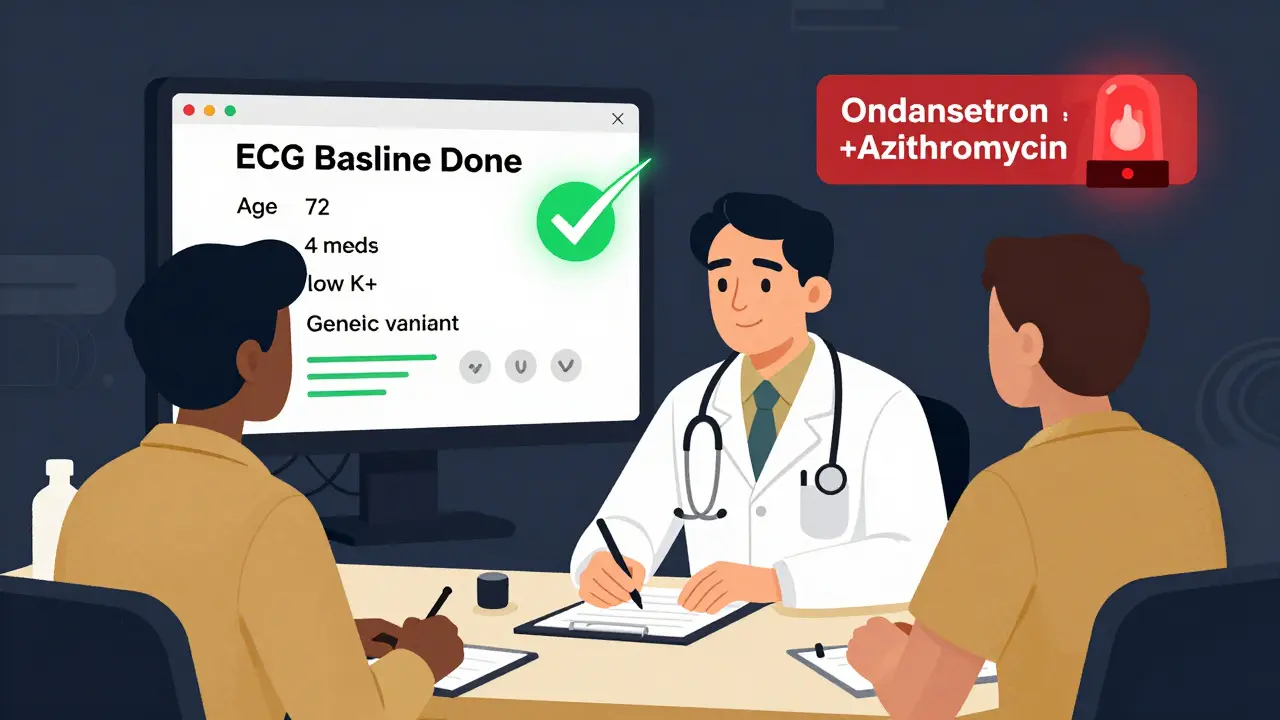 A doctor and patient reviewing a personalized heart risk calculator on a digital screen.