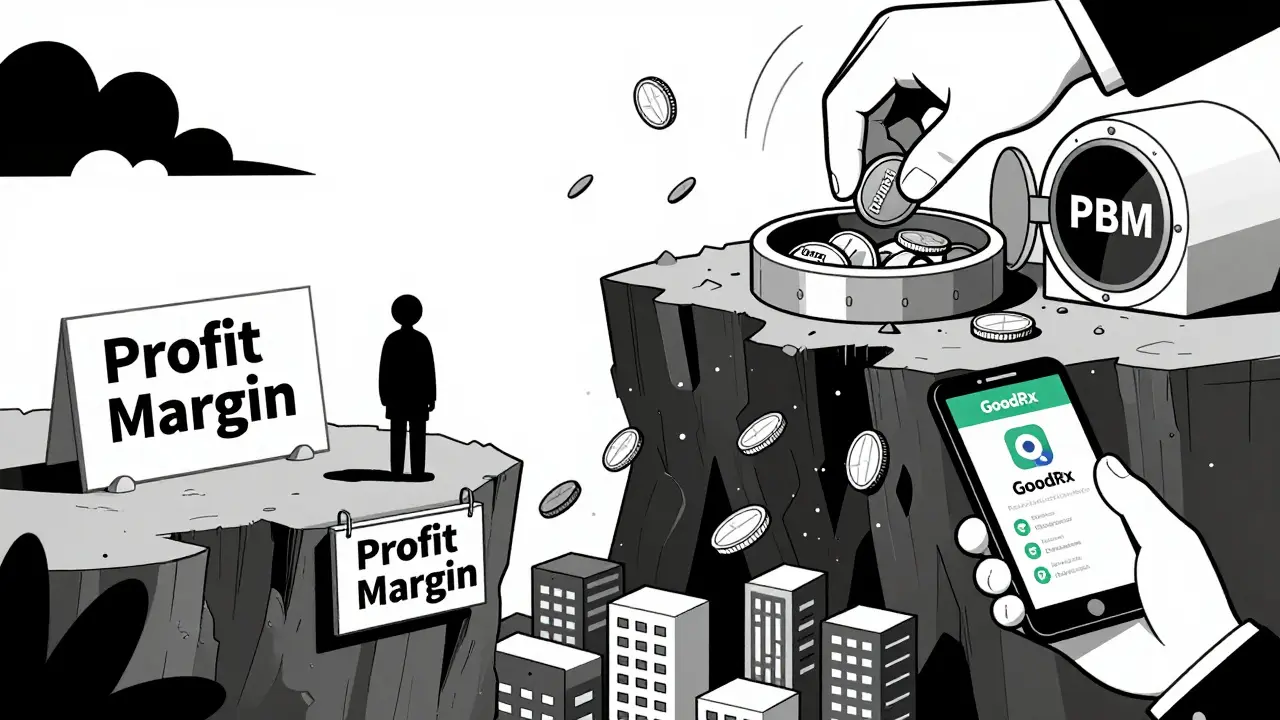 A generic drug maker on a cliff as competitors fall into a price abyss, while a PBM hoards rebates and a patient reaches for savings.