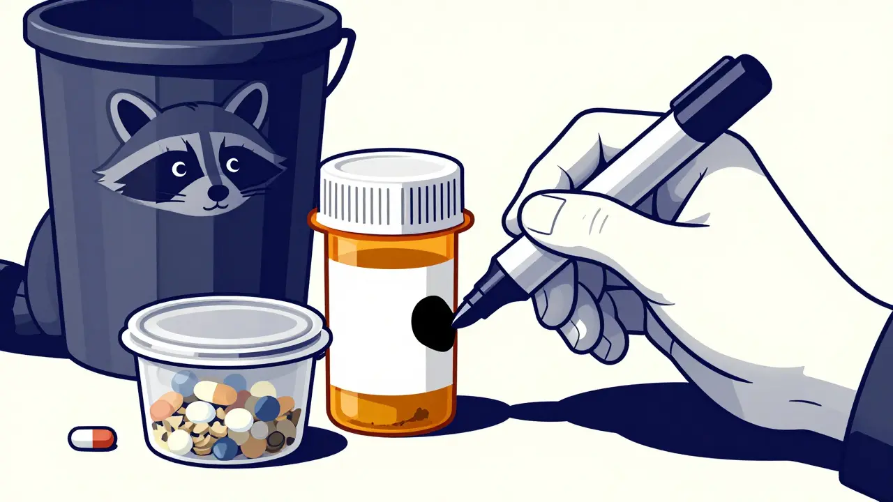 A hand blacks out personal information on a prescription bottle before sealing pills in a container for trash disposal.