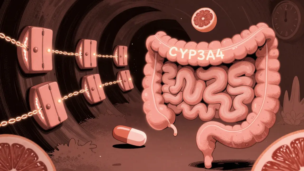 A human intestine with shut enzyme doors blocked by grapefruit compounds, a pill stuck inside, and a 72-hour clock ticking above.