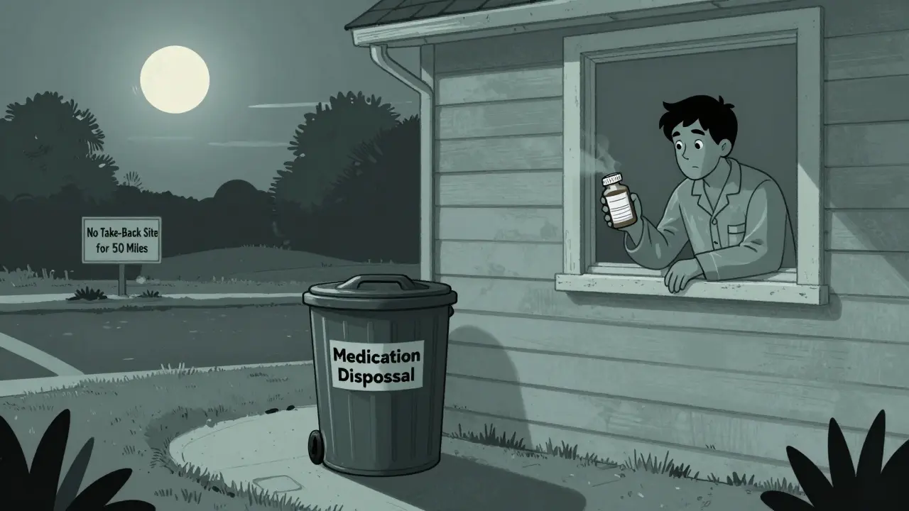 A rural home places sealed medication in trash for curbside pickup, with no nearby take-back site visible.
