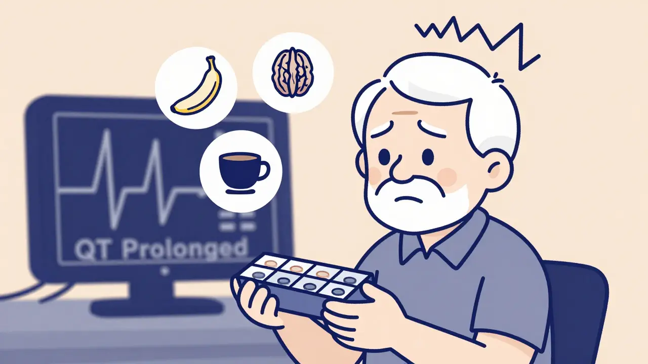 An elderly person with health icons above, showing diet and medication risks affecting heart rhythm.