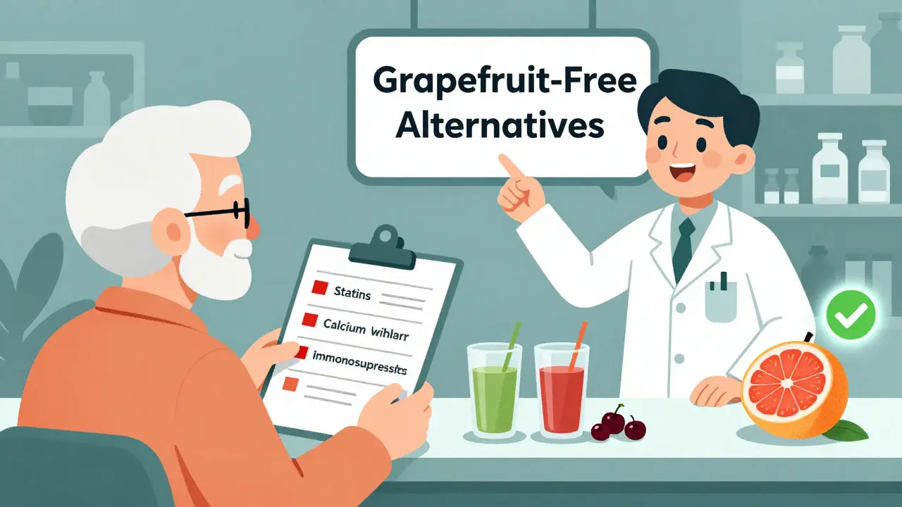 An elderly person with medication list, pharmacist pointing to safe juice alternatives, and a modified grapefruit with a green checkmark.