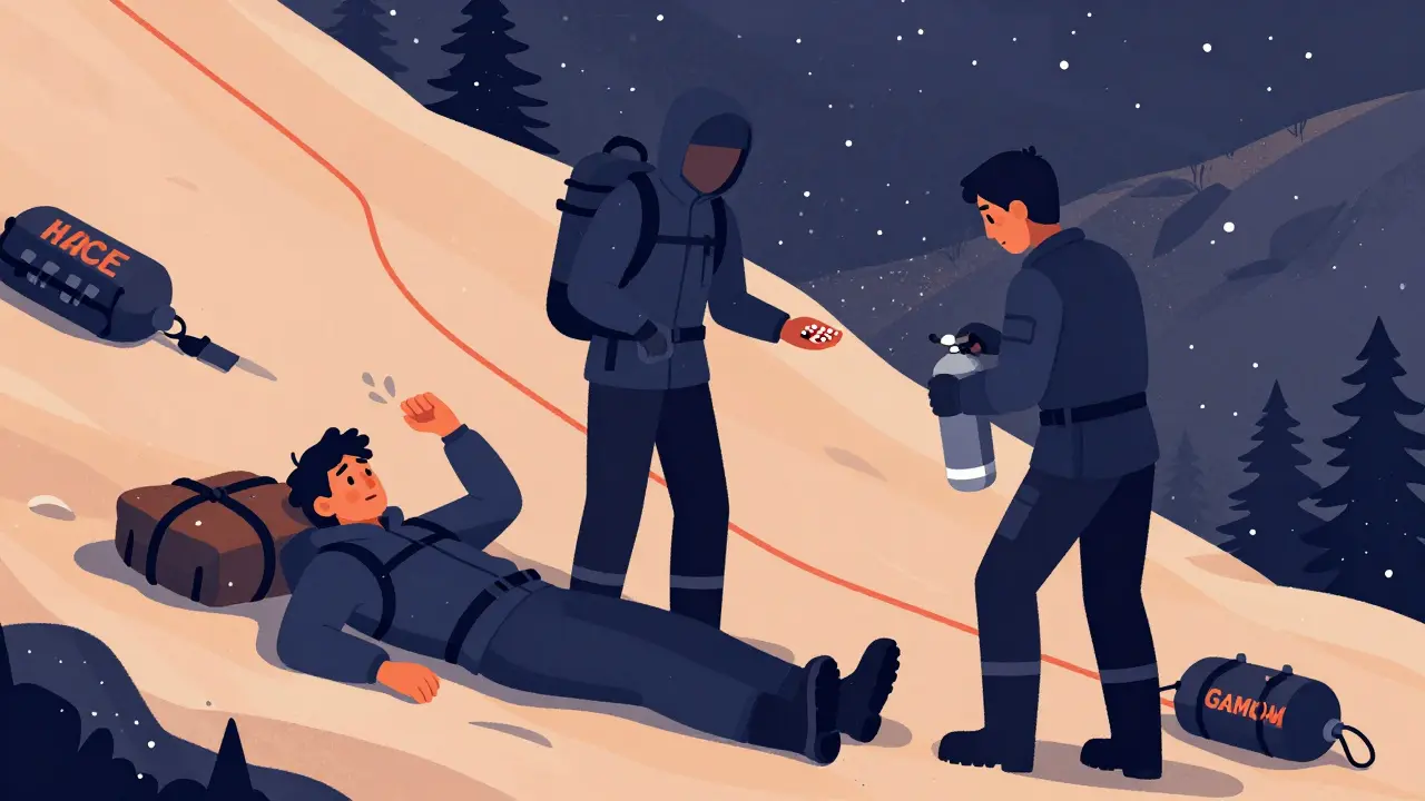 An emergency scene on a mountain trail with a collapsed trekker, someone giving medication, and a portable oxygen canister in use.