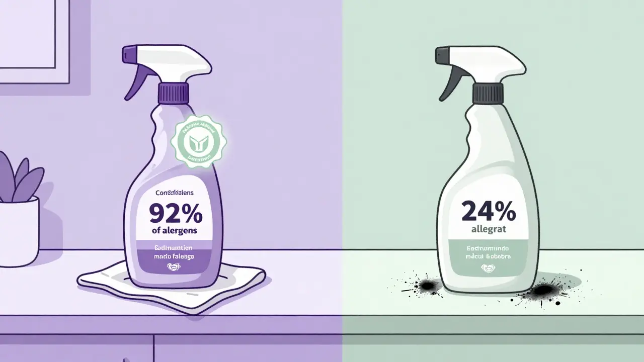 Certified allergy-friendly cleaner removing allergens versus a non-certified one leaving residue.
