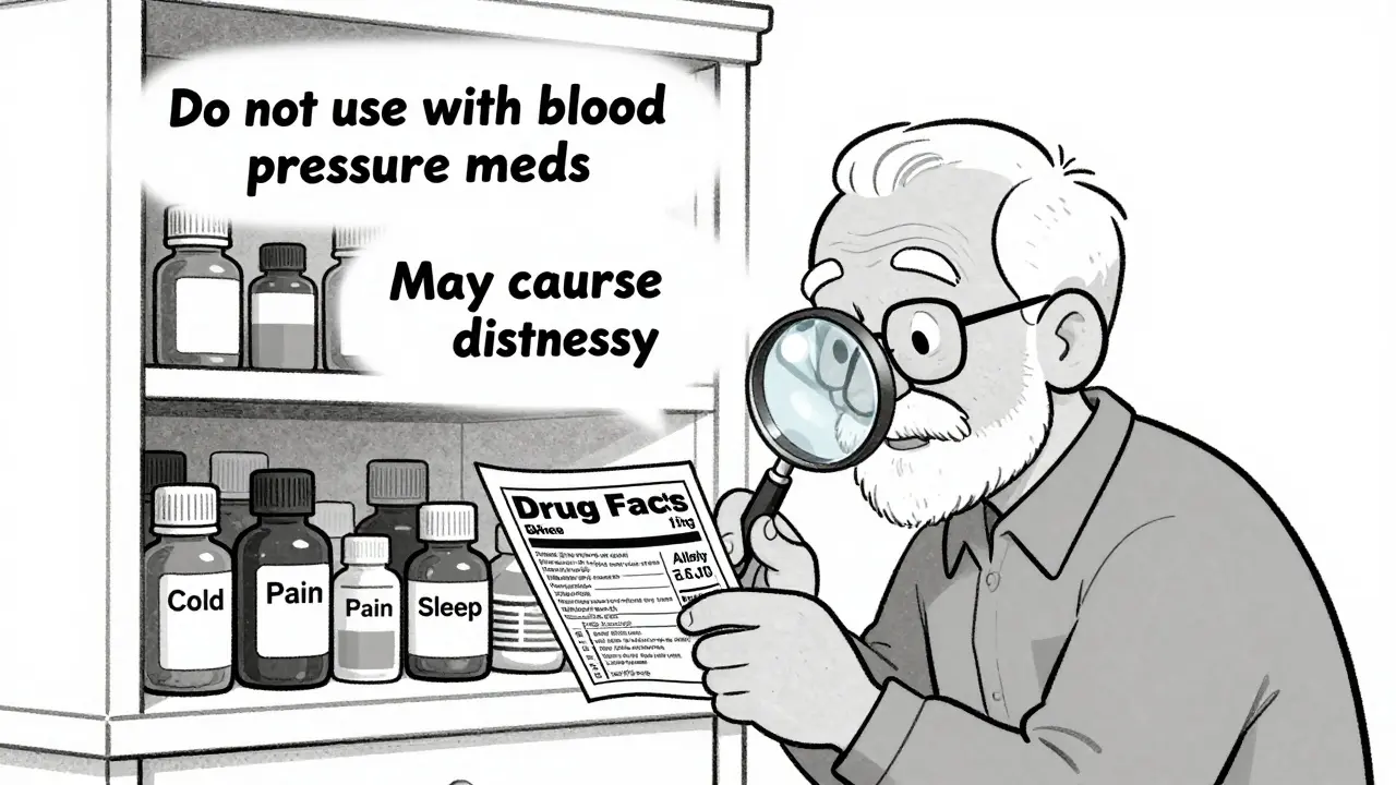 Elderly man struggling to read small OTC label while surrounded by cluttered medicine bottles.