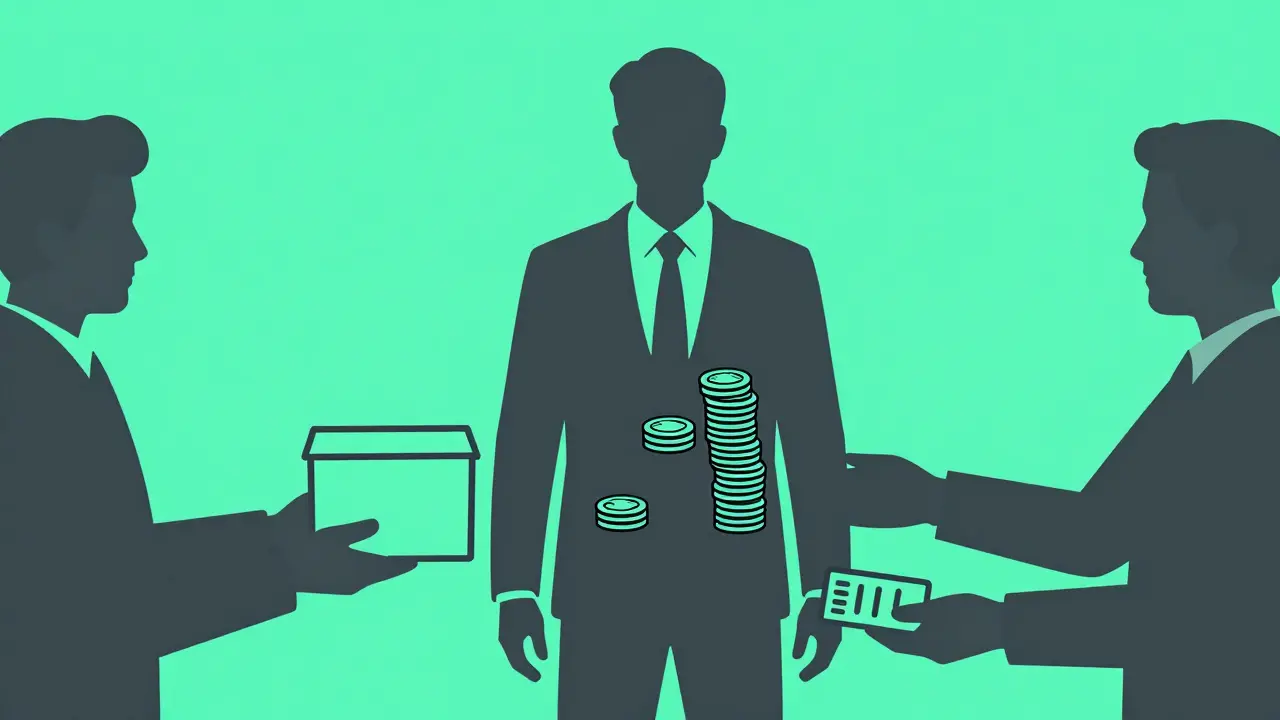 Figure intercepting money flow between pharmacy and insurance payer.