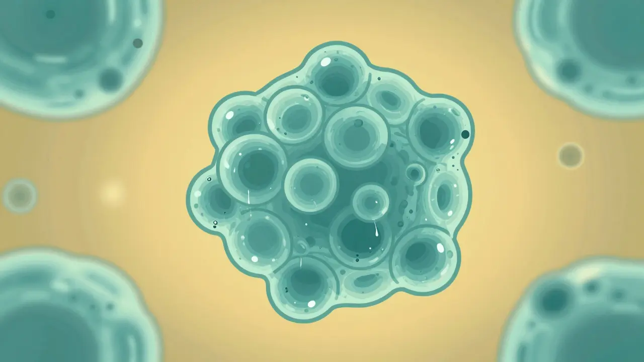 Microscopic view of oil droplets forming in water for drug delivery.