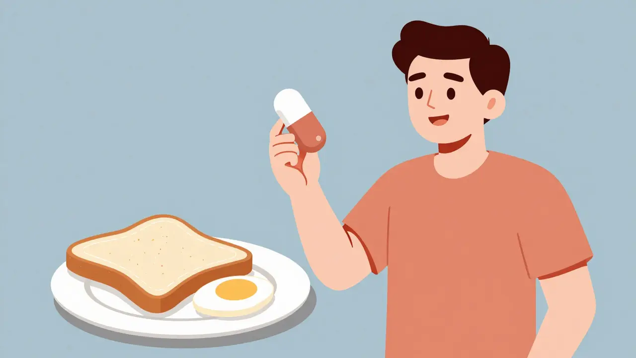 Person holding a soft gel capsule near a plate of food.