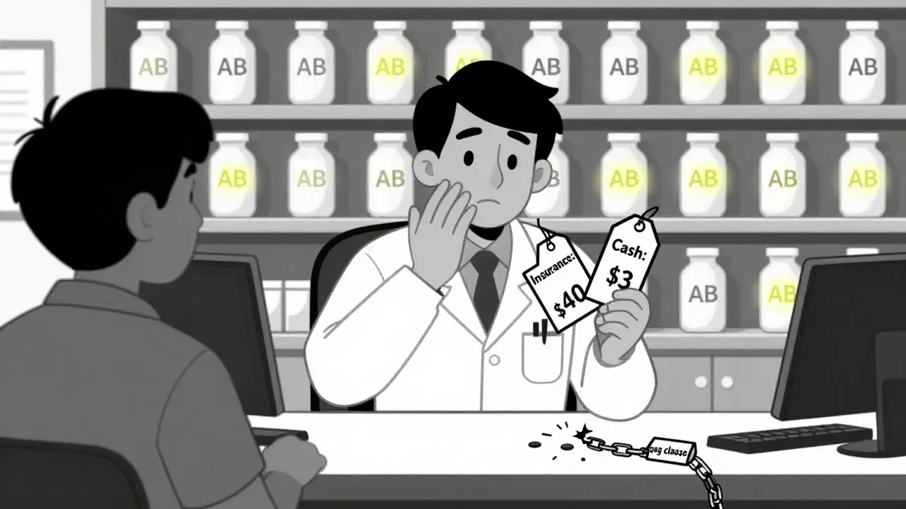 Pharmacist revealing a  cash price to a customer, with a broken gag clause chain on the floor.