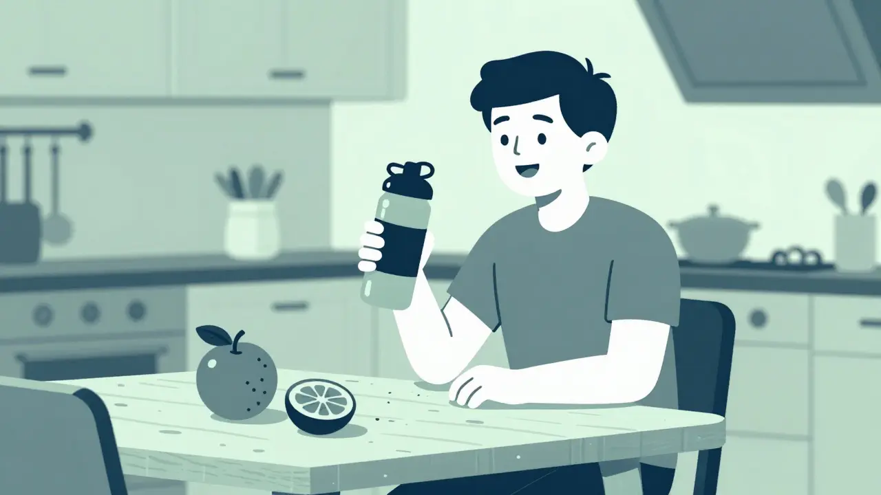 Relaxed person drinking water at kitchen table smiling happily