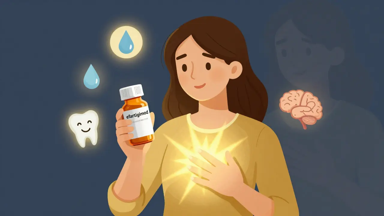 Woman holding new Sjögren’s medication as symbols of relief glow around her, representing hope and improved health.
