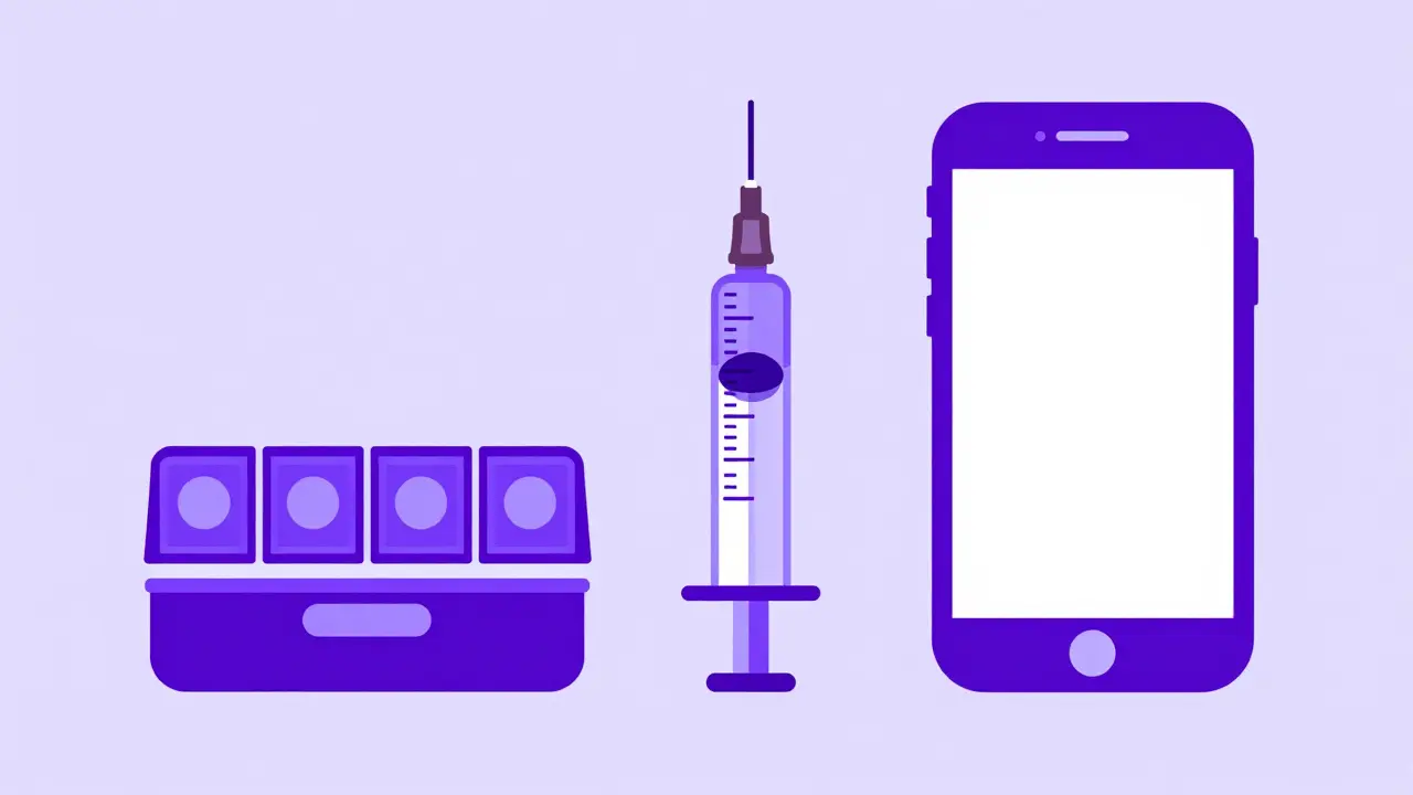 A collection of medication tools including an injectable, a pill organizer, and a smartphone