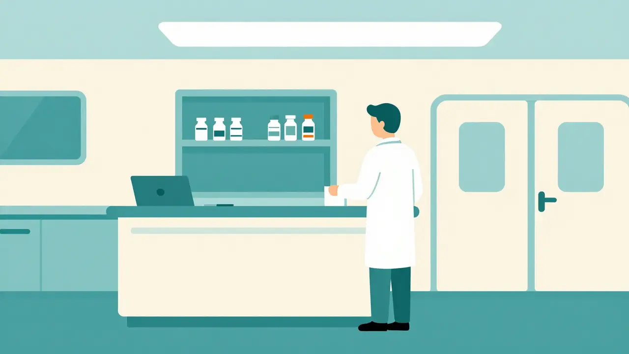 A doctor in a minimalist cruise ship medical center with a small pharmacy shelf.