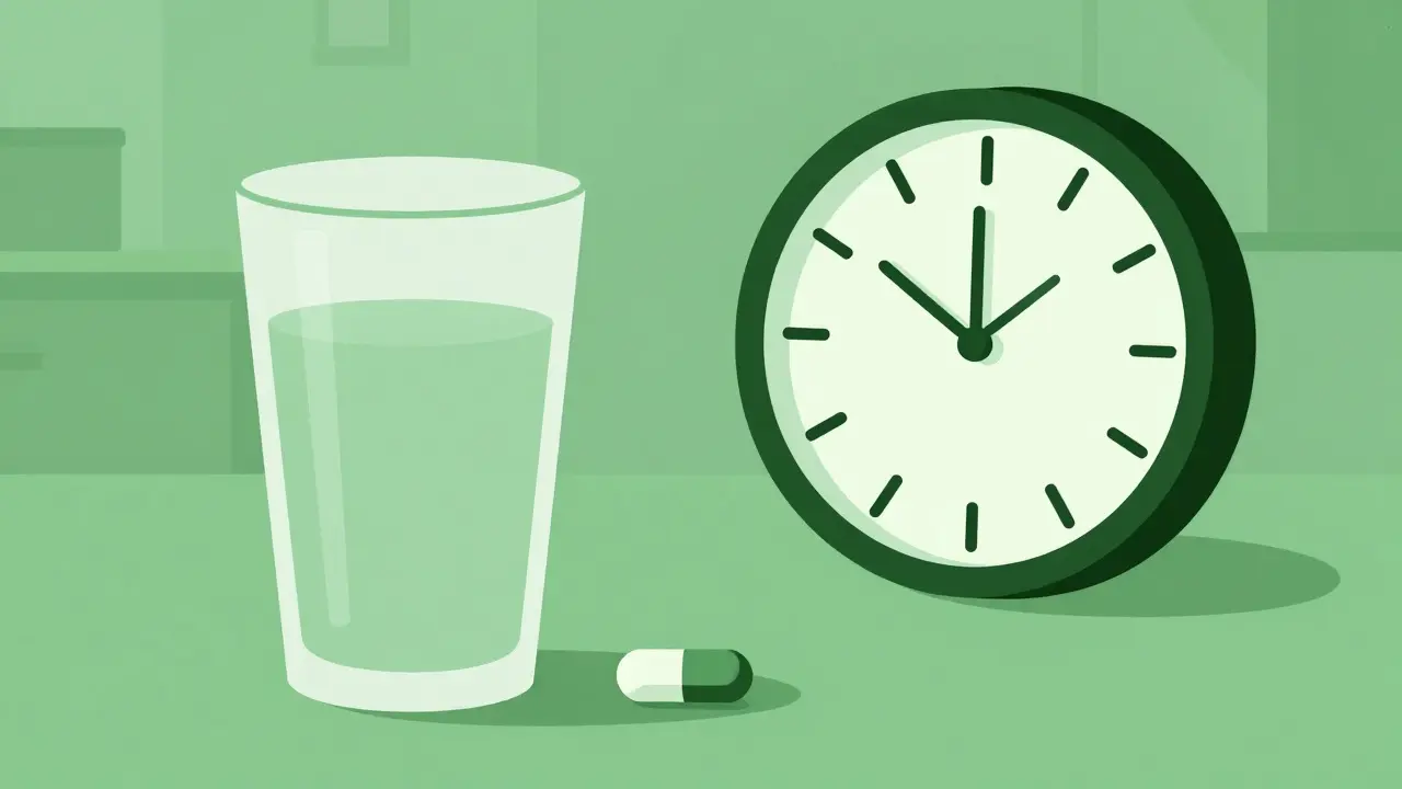 A pill and glass of water with a morning clock in green duotone style.