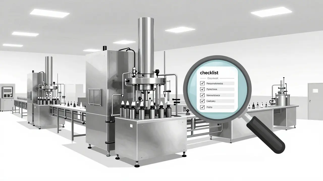 A sterile pharmaceutical factory production line with a quality check icon